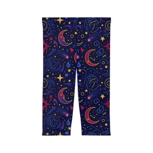 Capri Leggings Cosmic Moon Stars Pattern Navy Gold - Dipaliz - l / White Stitching