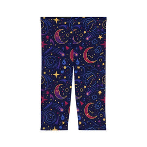 Capri Leggings Cosmic Moon Stars Pattern Navy Gold - Dipaliz - l / White Stitching