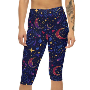 Capri Leggings Cosmic Moon Stars Pattern Navy Gold - Dipaliz - l / White Stitching