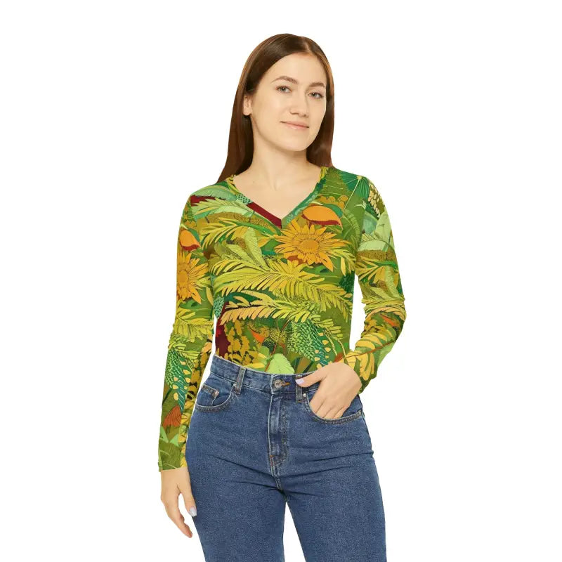 Limited Edition Leafy Chic Long Sleeve V-neck Tee - All Over Prints