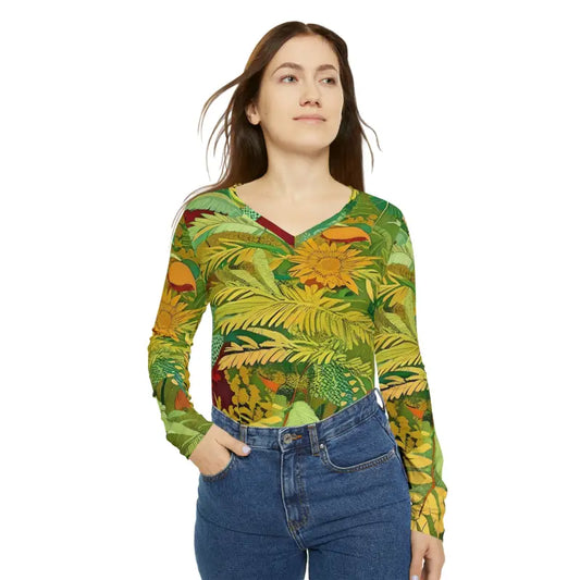 Limited Edition Leafy Chic Long Sleeve V-neck Tee - Xs All Over Prints