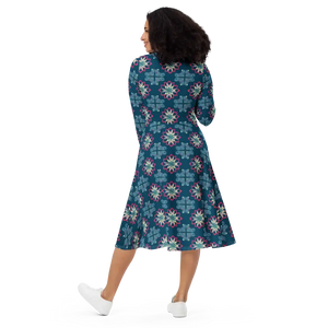 Long Sleeve Midi Dress Geometric Pattern Blue - Dipaliz - Dresses