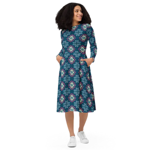 Long Sleeve Midi Dress Geometric Pattern Blue - Dipaliz - Dresses