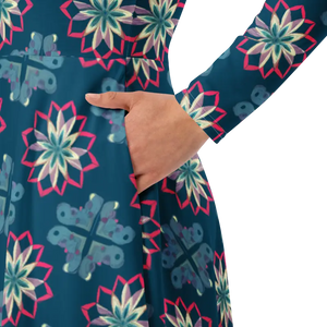 Long Sleeve Midi Dress Geometric Pattern Blue - Dipaliz - Dresses