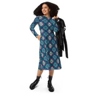 Long Sleeve Midi Dress Geometric Pattern Blue - Dipaliz - Xs - Dresses