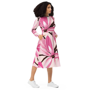Long Sleeve Midi Dress Pink Magnolia Print Statement Style Dipaliz - Dresses