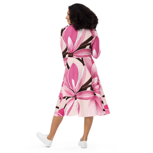 Long Sleeve Midi Dress Pink Magnolia Print Statement Style Dipaliz - Dresses
