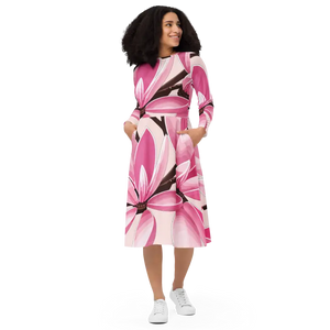 Long Sleeve Midi Dress Pink Magnolia Print Statement Style Dipaliz - Xs - Dresses