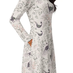 Dresses - Purple Peacock Print Long Sleeve Midi Dress - Dipaliz