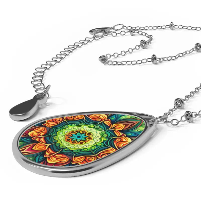 Oval Necklace: Emerald Green & Orange Geometric Charm - one Size / Silver Accessories