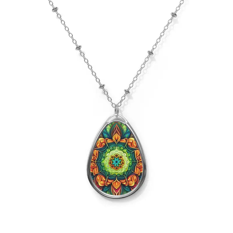 Oval Necklace: Emerald Green & Orange Geometric Charm - one Size / Silver Accessories