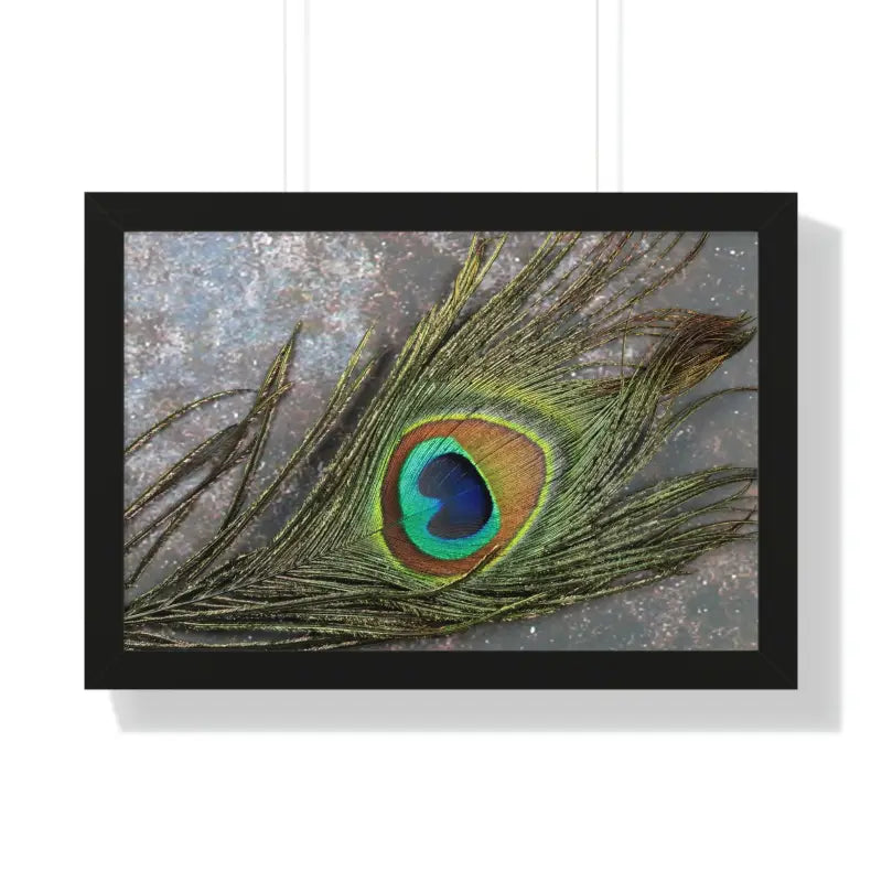 Captivating Peacock Feather Framed Horizontal Poster - 24″ × 16″ / Black