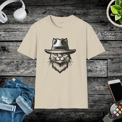 Unisex Cat with a Hat Cotton Tee - Fashion Trends 2024 - Sand / s T-shirt