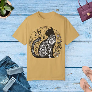 Floral Unisex Tee - Vibrant Artistic Cat Design - Dipaliz - Mustard / s - T-shirts