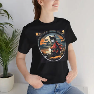 Cat Samurai Short Sleeve Tee - Sunset Warrior Design - Dipaliz - Black / s - T-shirts