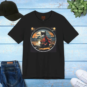 Cat Samurai Short Sleeve Tee Sunset Graphic Shirt - Dipaliz - Black / s - T-shirts