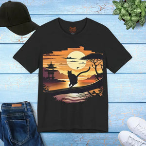 Unisex Jersey Short Sleeve Tee Cat Sunset Graphic - Dipaliz - Solid Black Blend / s - T-shirts