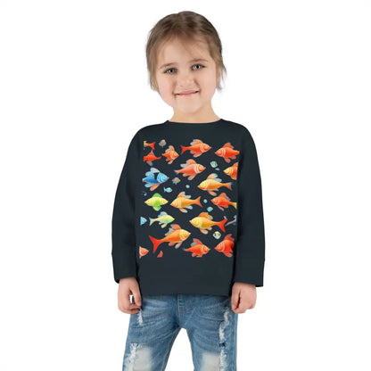 Catch Waves with Rainbow Fish Toddler Long Sleeve Tee - Black / 2t Kids Clothes