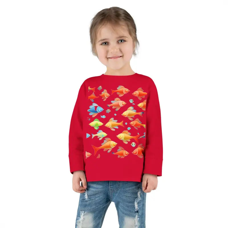 Catch Waves with Rainbow Fish Toddler Long Sleeve Tee - Red / 2t Kids Clothes