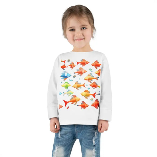 Catch Waves with Rainbow Fish Toddler Long Sleeve Tee - White / 2t Kids Clothes