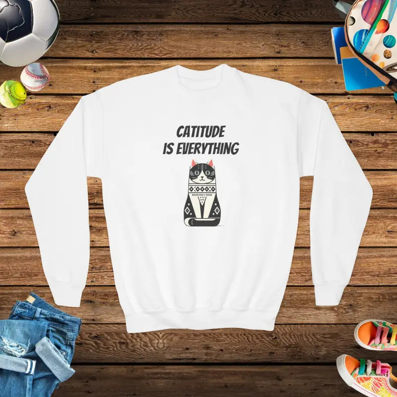 Catitude Youth Crewneck for Purrfect Comfort - White / Xs Kids Clothes