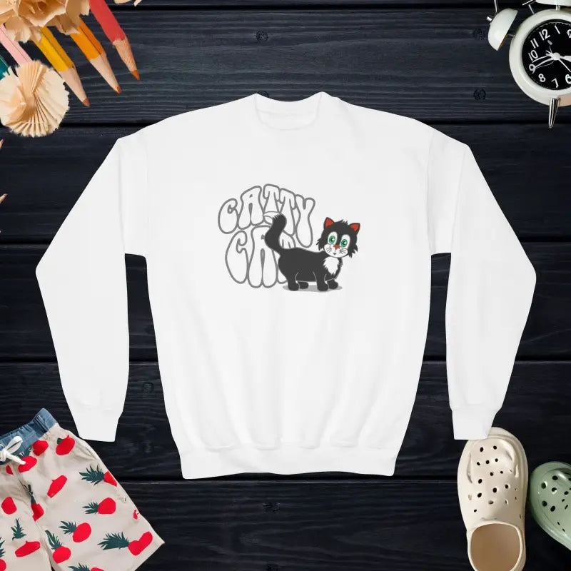 Crazy Cat Youth Sweatshirt - Cozy Crewneck for Cool Kids! - White / Xs Kids Clothes