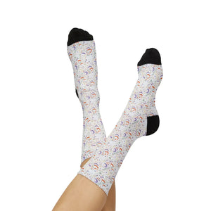 Celestial Rainbow Moon Sublimation Socks, Cute Pastel Space Pattern Crew