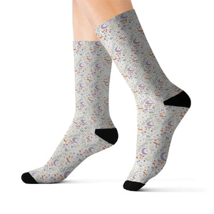 Celestial Rainbow Moon Sublimation Socks, Cute Pastel Space Pattern Crew