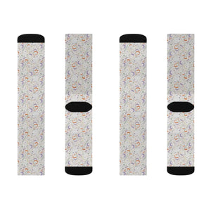 Celestial Rainbow Moon Sublimation Socks, Cute Pastel Space Pattern Crew