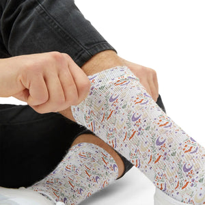 Celestial Rainbow Moon Sublimation Socks, Cute Pastel Space Pattern Crew