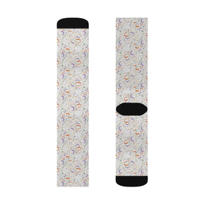 Celestial Rainbow Moon Sublimation Socks, Cute Pastel Space Pattern Crew