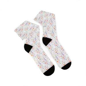 Celestial Rainbow Moon Sublimation Socks, Cute Pastel Space Pattern Crew