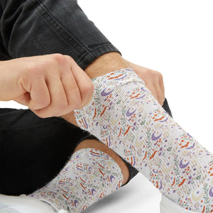 Celestial Rainbow Moon Sublimation Socks, Cute Pastel Space Pattern Crew