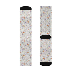 Celestial Rainbow Moon Sublimation Socks, Cute Pastel Space Pattern Crew