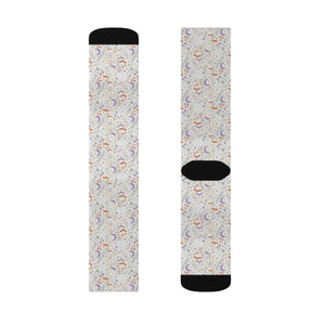Celestial Rainbow Moon Sublimation Socks, Cute Pastel Space Pattern Crew