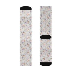 Celestial Rainbow Moon Sublimation Socks, Cute Pastel Space Pattern Crew