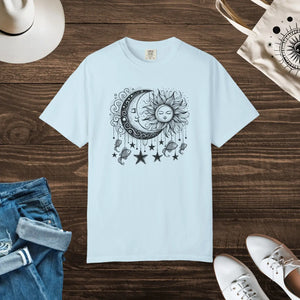 Celestial sun and moon graphic tee by DipaliZ in four soft colors