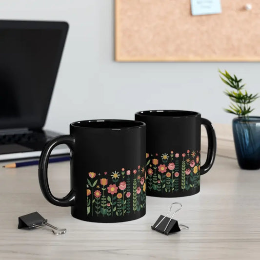 Charming Flowers 11oz Black Ceramic Mug - Sip in Style!