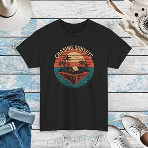 Heavy Cotton Tee Crew Neckline Sunset Island Design - Dipaliz - Black / s - T-shirts