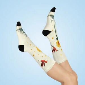 Spring Vibes Floral Bird Cushioned Crew Socks - Dipaliz - White / one Size / 3/4