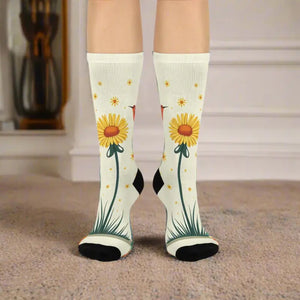 Spring Vibes Floral Bird Cushioned Crew Socks - Dipaliz - White / one Size / 3/4