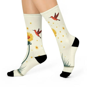 Spring Vibes Floral Bird Cushioned Crew Socks - Dipaliz - White / one Size / 3/4