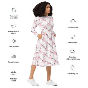 Cherry Blossom Sleeve Midi Dress Floral Print - Dipaliz - Dresses - Xs