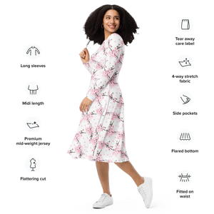 Cherry Blossom Sleeve Midi Dress Floral Print - Dipaliz - Dresses - Xs