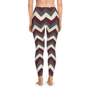 Cozy Burgundy Stretchy Leggings Retro Zigzag Pattern - Dipaliz