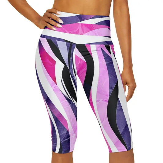 Abstract Pink & Blue Striped Yoga Capri Leggings Magic - 2xs All Over Prints