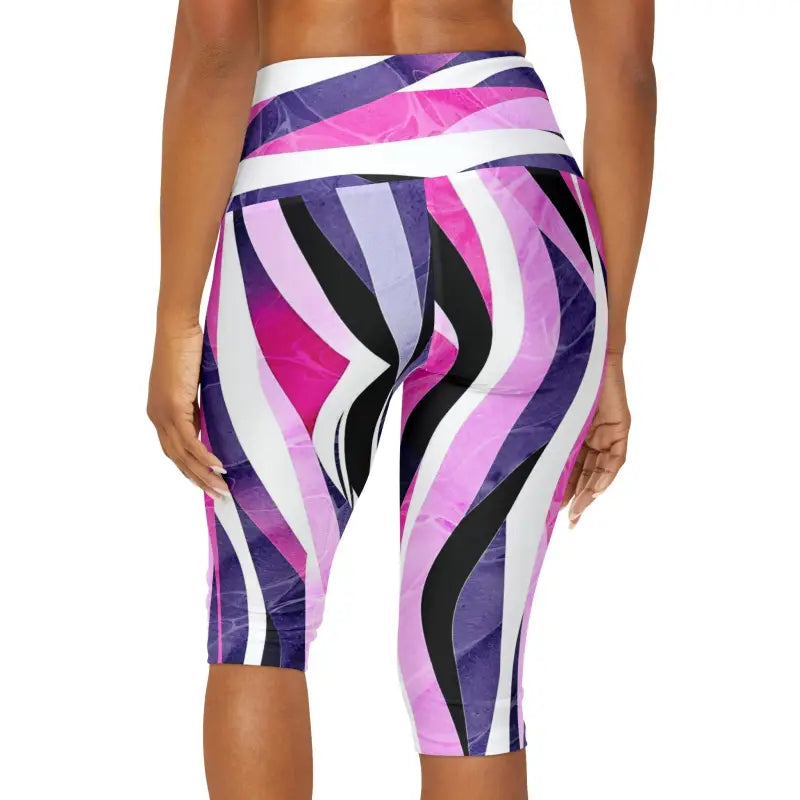 Chic Abstract Pink & Blue Striped Yoga Capri Leggings - All Over Prints