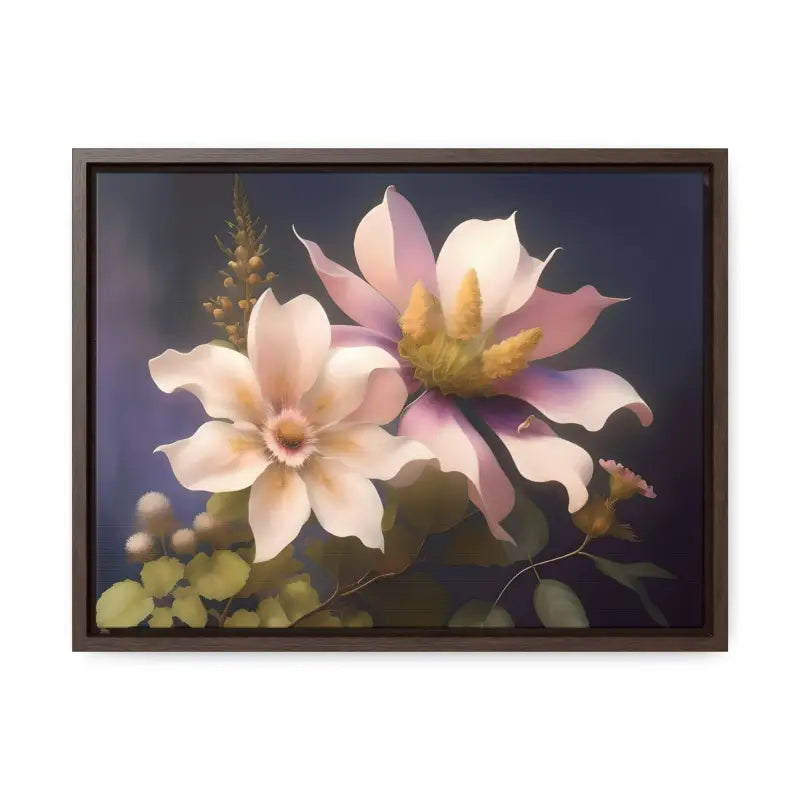 Enchant your Walls: White Flowers Canvas Wall Art - 16″ x 12″ / Walnut / Premium Gallery Wraps (1.25″)