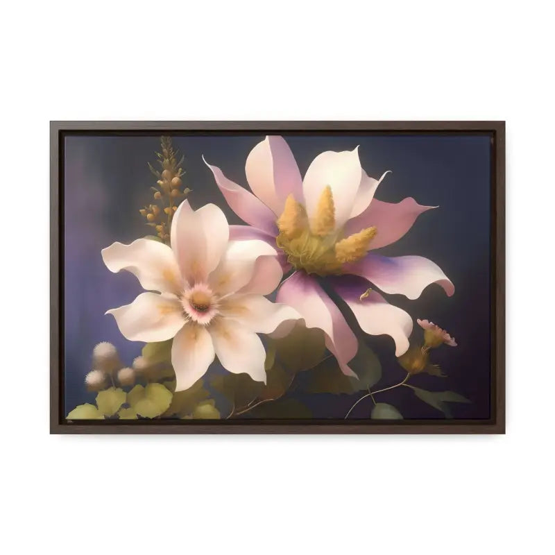 Enchant your Walls: White Flowers Canvas Wall Art - 18″ x 12″ / Walnut / Premium Gallery Wraps (1.25″)