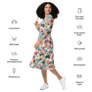 Long Sleeve Midi Dress Pastel Geometrical Shapes Bold Style Dipaliz - Dresses